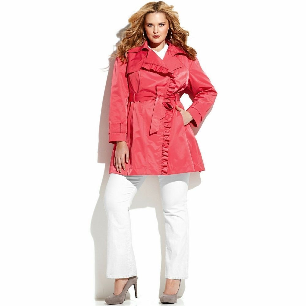 New! JESSICA SIMPSON Ruffle-Front Belted Trench Coat Plus Size Coral Color 1X